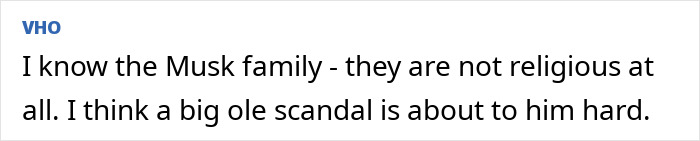 Text excerpt discussing Elon Musk's family, religion, and a potential upcoming scandal involving Musk.