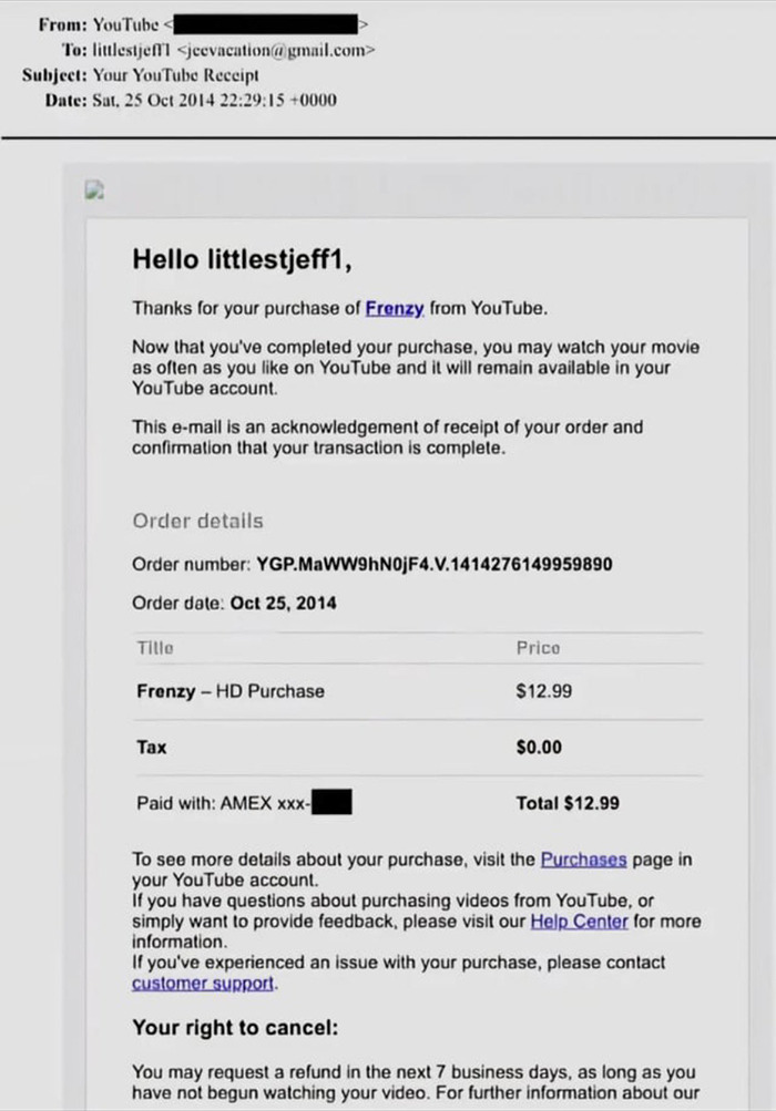 Email receipt showing YouTube purchase details, linked to viral theory claims Epstein may still be alive and Fortnite connection.