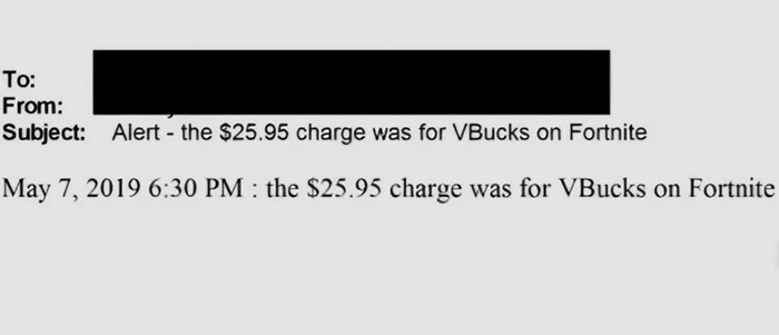 Email screenshot showing $25.95 charge for V-Bucks on Fortnite linked to Epstein viral theory claims.
