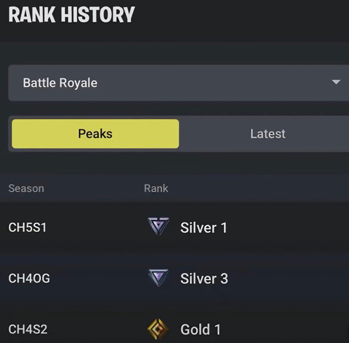 Rank history screen showing Fortnite Battle Royale peak ranks including Silver 1, Silver 3, and Gold 1 across different seasons.
