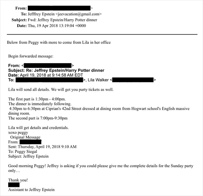 Email screenshot showing forwarded messages about a Jeffrey Epstein and Harry Potter dinner event with J.K. Rowling connections.