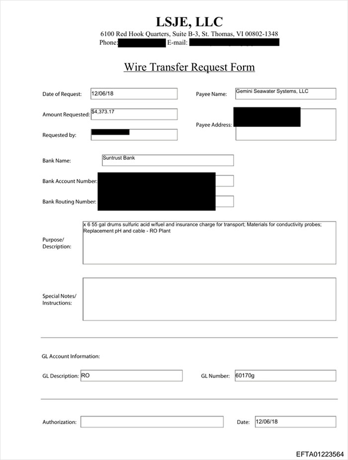 Wire transfer request form showing purchase of 330 gallons sulfuric acid linked to Epstein Island FBI probe.