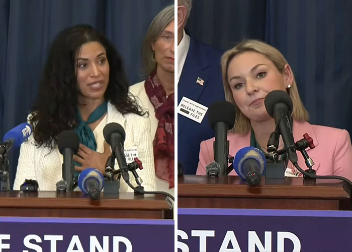Two women speaking at a podium during viral moments from the State of the Union address with multiple microphones in front.