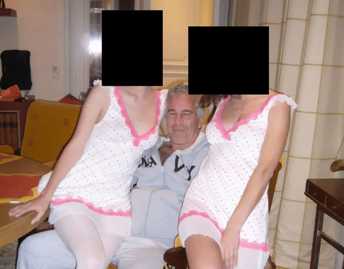 Man seated between two women in white dresses, referencing new files on sulfuric acid purchase for Epstein Island FBI probe.