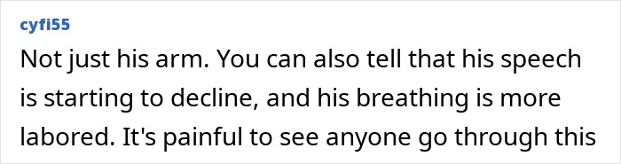 Man showing signs of ALS with arm weakness and labored speech, illustrating Eric Dane’s first symptom leading to diagnosis.