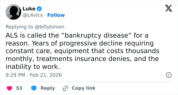 Screenshot of a tweet discussing ALS as bankruptcy disease related to costly care and insurance denial issues.