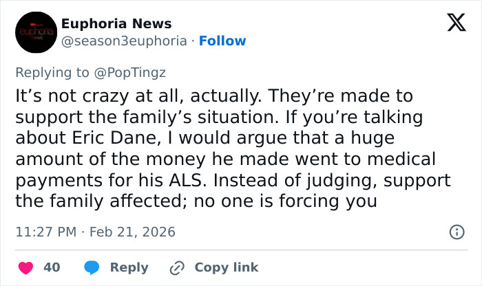 Screenshot of a Twitter reply defending the GoFundMe for Eric Dane's daughters amid backlash over rich people asking for money.