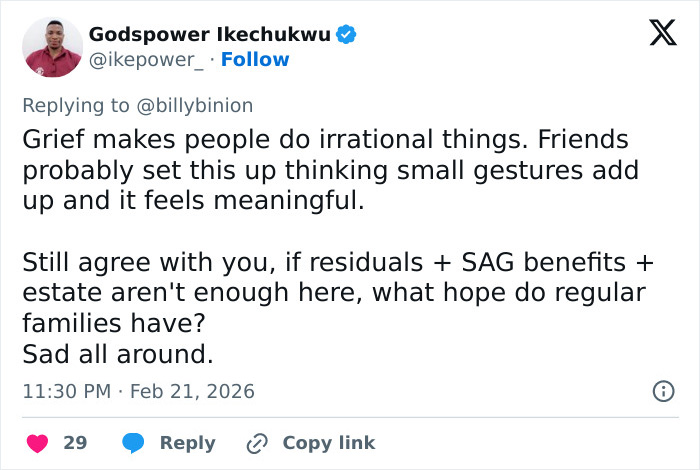 Tweet by Godspower Ikechukwu discussing backlash over GoFundMe for Eric Dane's daughters amid grief and financial concerns.