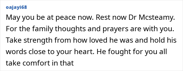 Comment expressing condolences and support for Dr. McSteamy, referencing Eric Dane's heartbreaking last words.
