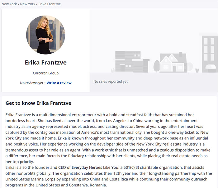 Profile page of Erika Frantzve, a multidimensional entrepreneur linked to Epstein conspiracy theories.