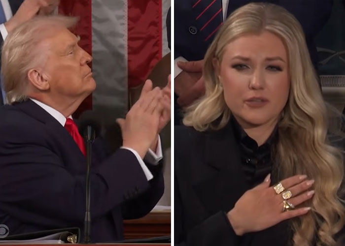 Former President Trump clapping during the State of the Union address, woman with hand over heart reacting.