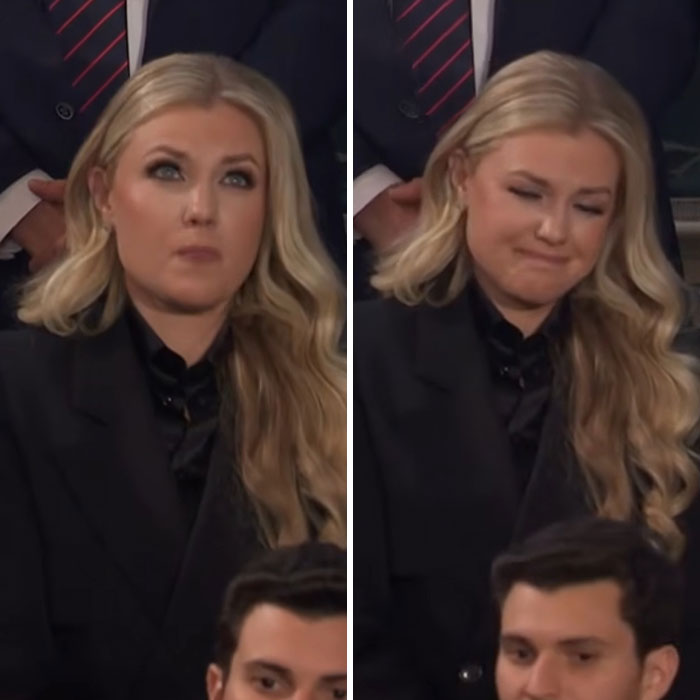 Erika Kirk in a black outfit showing varied expressions during her appearance at the State of the Union event.