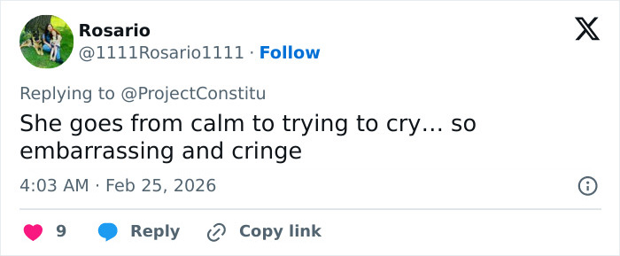 Tweet criticizing Erika Kirk's appearance at State of the Union, noting emotional shifts that viewers found odd and embarrassing.