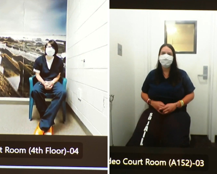 Two young parents wearing masks appear in a video court room during a horrifying exchange after baby girl’s tragic passing.