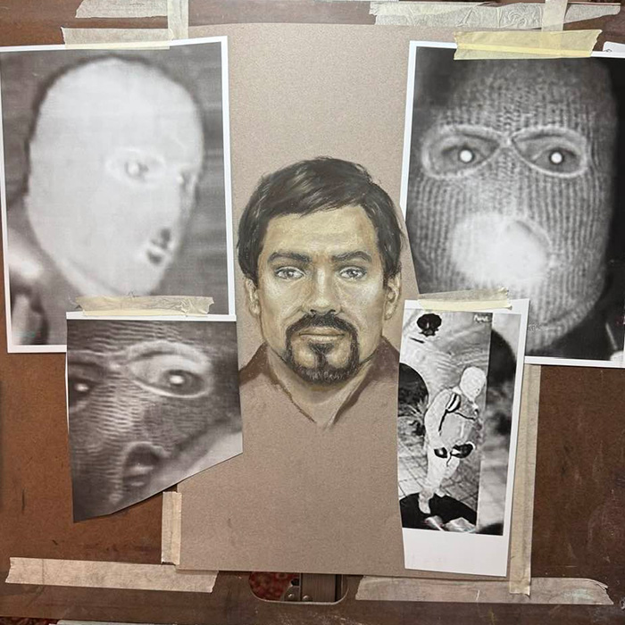 Sketch of Nancy Guthrie&rsquo;s kidnapper surrounded by blurred photos and security footage on a taped board.