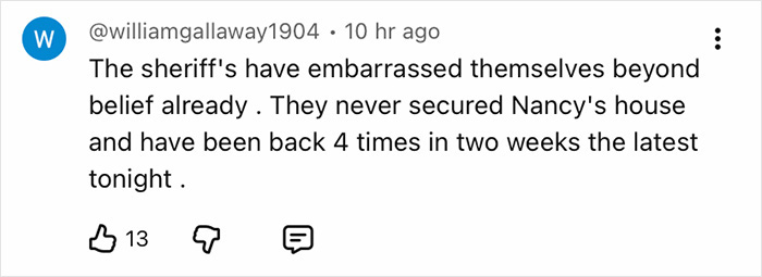 Comment by user williamgallaway1904 criticizing the sheriff's handling of Nancy Guthrie&rsquo;s case and security measures.