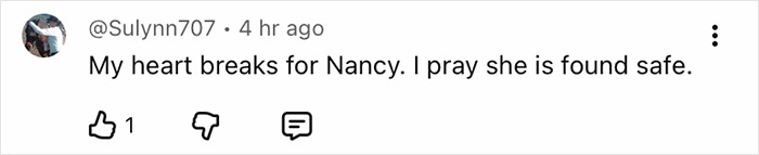 User comment on social media expressing concern and hope for Nancy Guthrie&rsquo;s safe recovery after kidnapper&rsquo;s pivotal moment.