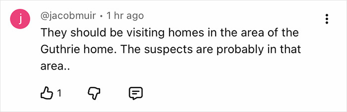 Comment by user jacobmuir about suspects near Nancy Guthrie&rsquo;s home, relating to expert analysis of kidnapper&rsquo;s pivotal moment.