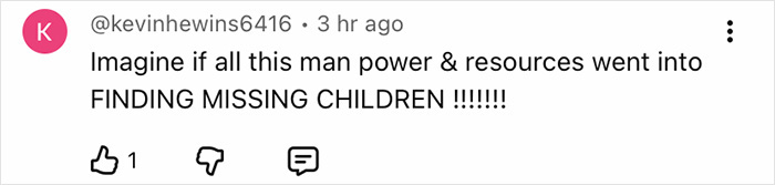 Comment expressing frustration about man&rsquo;s power and resources not being used for finding missing children, highlighting urgency.