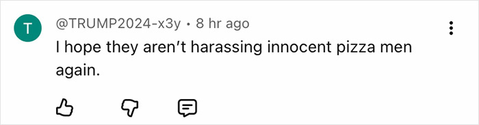 Screenshot of a social media post discussing concerns about harassment of innocent pizza delivery workers online.