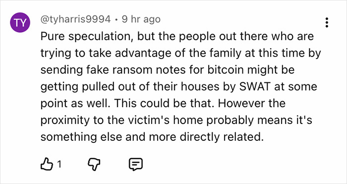 Comment discussing speculation about Nancy Guthrie&rsquo;s kidnapper and potential motives related to ransom notes and proximity.
