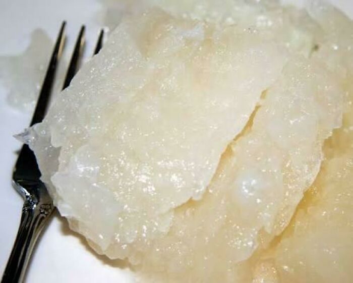 Close-up of translucent white substance on a plate with fork, relating to funny and harmless conspiracy theories.