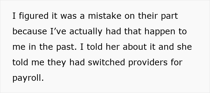 Text excerpt explaining confusion about payroll provider switch in a story about girlfriend quitting job but pretending to work.