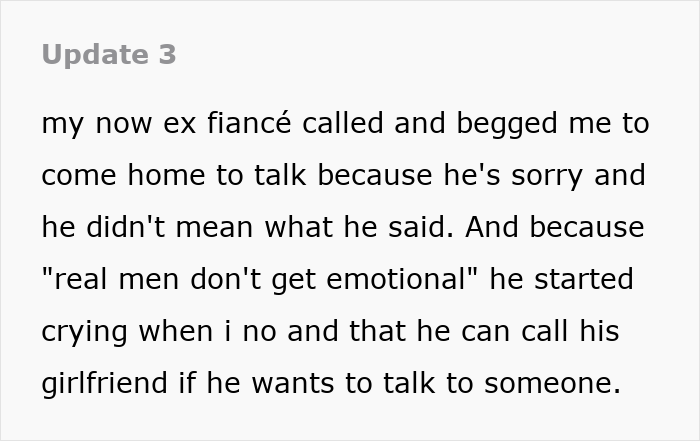 Text update describing a woman&rsquo;s ex fianc&eacute; apologizing and emotional after she leaves fianc&eacute; over boyfriend.