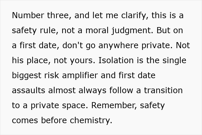 Text emphasizing safety tips for women on first dates to avoid isolation, shared by former FBI agent for safety awareness.