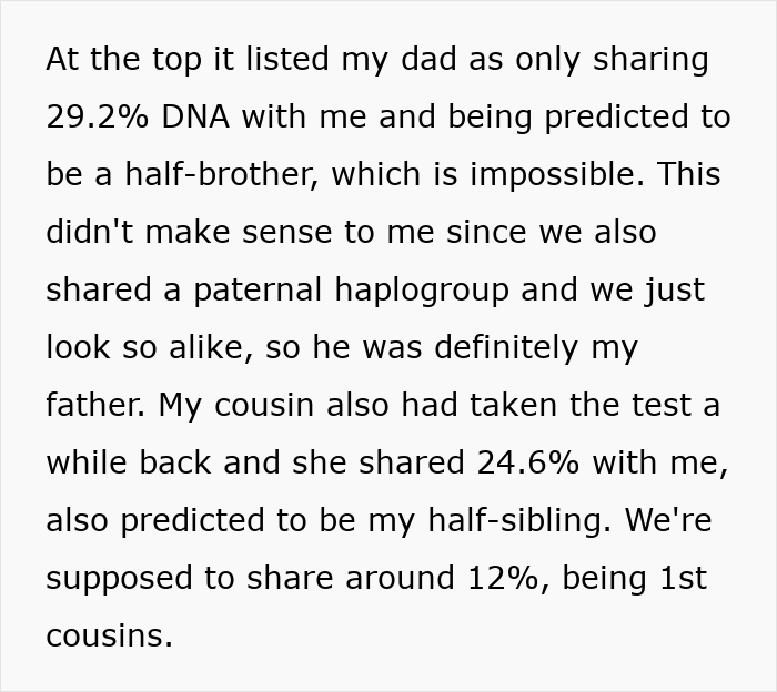 Text showing confusion over DNA test results revealing unexpected family relationships causing major family chaos and realization about uncle being dad.