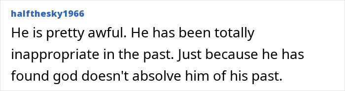 User comment criticizing Russell Brand for past inappropriate behavior after his hot tub baptism event.