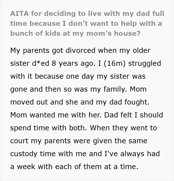 Alt text: Teen feeling overwhelmed being a third parent to seven kids at his mom&rsquo;s house, expressing frustration and running away.