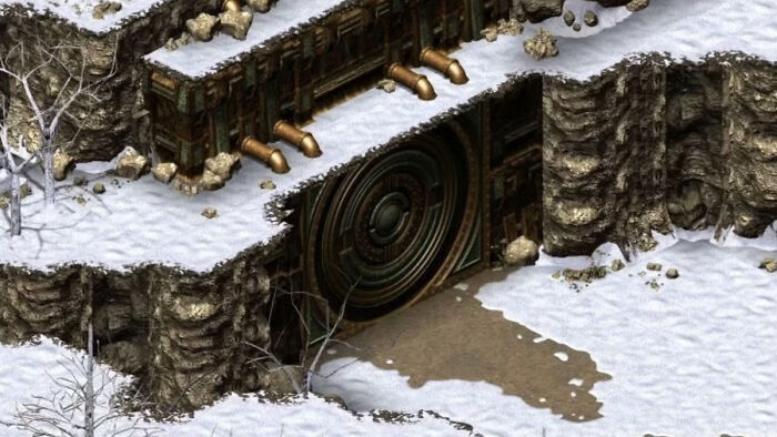 Snow-covered rocky terrain with a large vault door entrance, referencing Fallout Season 3’s Colorado game setting. - 3