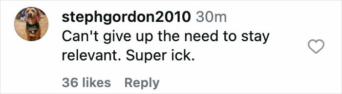 Comment on Instagram by user stephgordon2010 expressing dislike and concern about staying relevant with 36 likes.