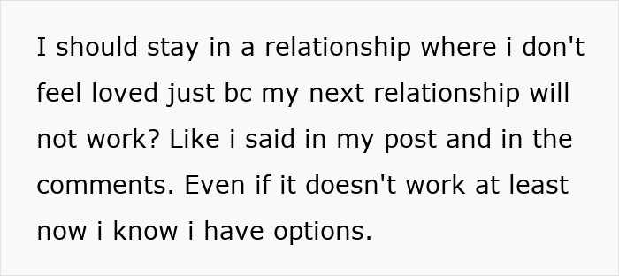 Text message discussing feelings about staying in a relationship and exploring options in love, related to woman leave fiance over boyfriend.