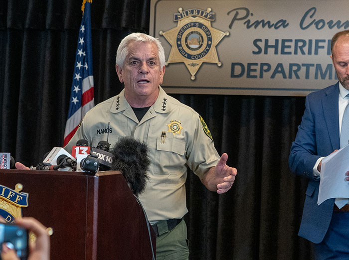 Pima County sheriff addressing media at press conference amid search for Savannah Guthrie's mom and chilling video post.