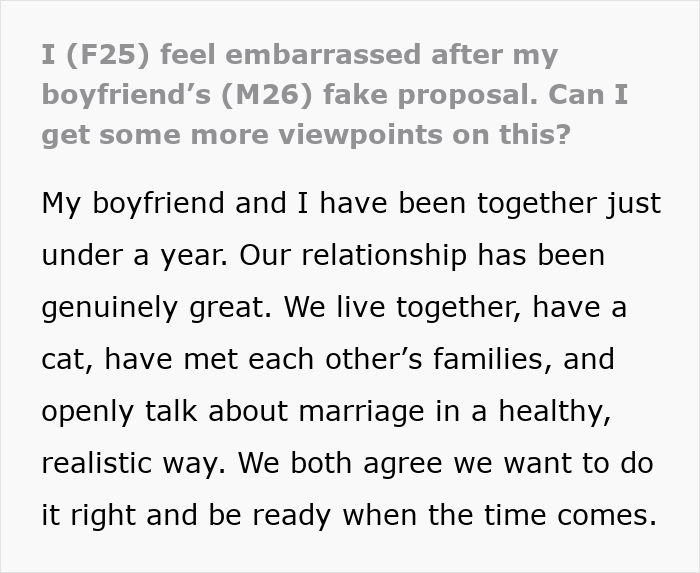Woman feeling embarrassed after boyfriend's fake proposal at love museum, seeking more viewpoints on the situation.