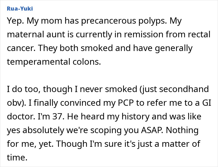 Comment discussing personal and family history related to colorectal cancer symptoms and medical referrals at age 37.