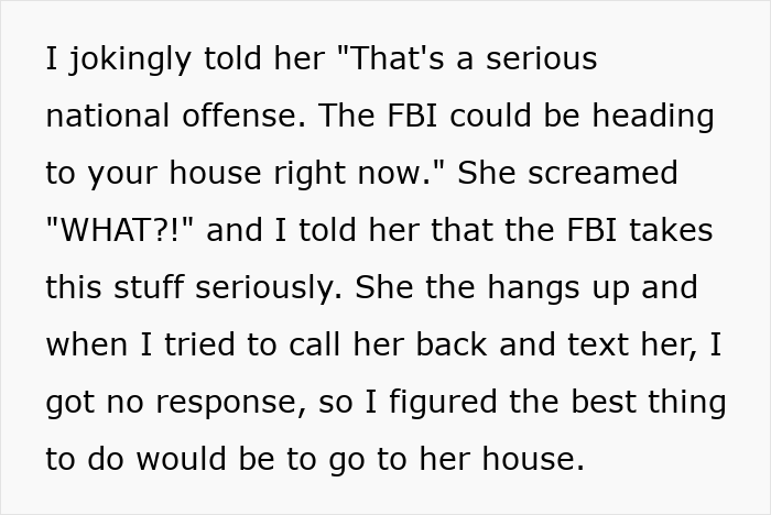 Text excerpt describing a gullible lady reacting to a prank about the FBI, leading to her disappearance in fear.