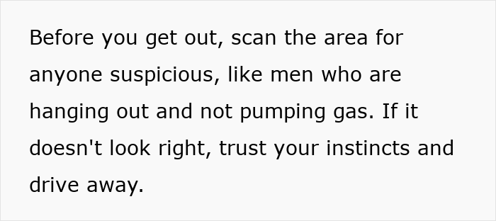 Text advice from former FBI agent sharing safety tips for women about trusting instincts and scanning for suspicious behavior.