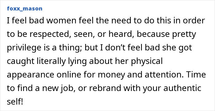Comment discussing a beauty influencer&rsquo;s filter fail that costs her 140,000 followers as her true face is revealed online.
