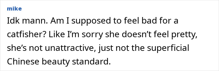 Comment from user Mike expressing indifference about a beauty influencer filter fail revealing true face.