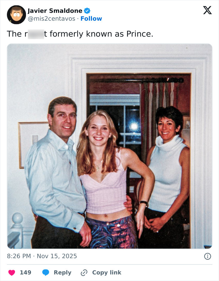 Prince Andrew standing with two women indoors, showing a tense and uneasy expression after his arrest.