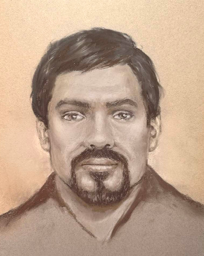 Forensic artist sketch of Nancy Guthrie's masked suspect showing facial features with short dark hair and a goatee.