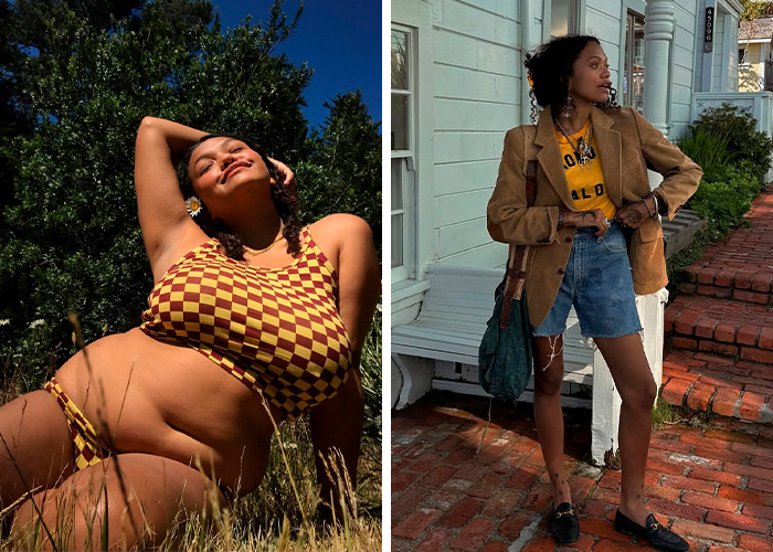 Former body positivity influencer posing outdoors in swimwear and later standing in casual outfit near a house.
