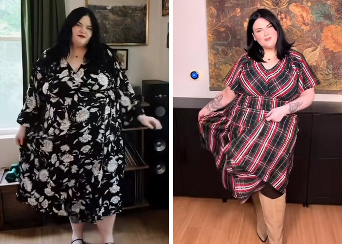 Former body positivity influencer posing confidently in patterned dresses, addressing the radical movement debate.
