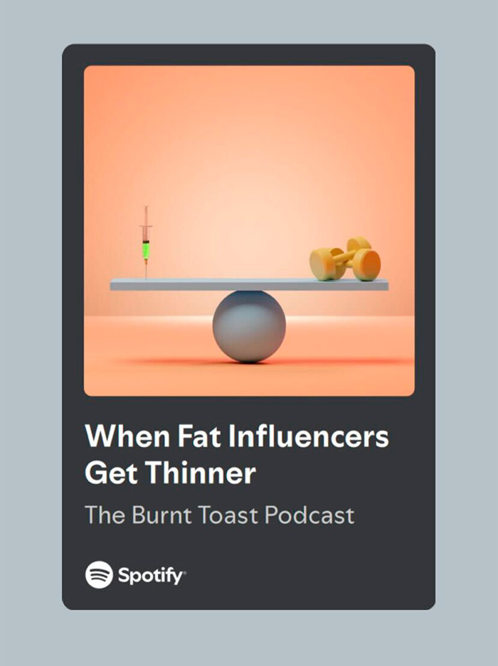 Balanced scale with a syringe on one side and dumbbells on the other, symbolizing body positivity influencer topics.