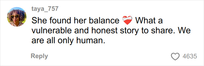 Comment on social media from former body positivity influencer sharing an honest story while criticizing the radical movement.