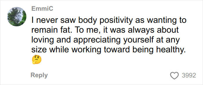 Social media post from former body positivity influencer sharing views on self-love and health beyond size.