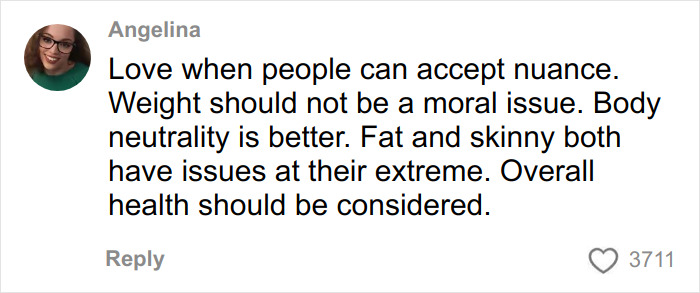 Comment by former body positivity influencer Angelina discussing body neutrality and health beyond 'radical' movement extremes.